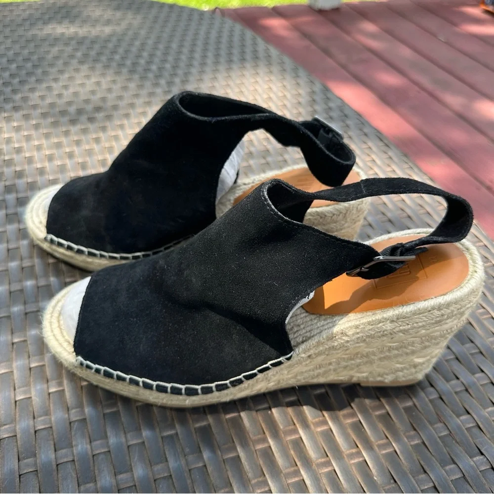New GAP Black Suede Leather Espadrille Raffia Wedge Sandals, Size 11, Open Toe